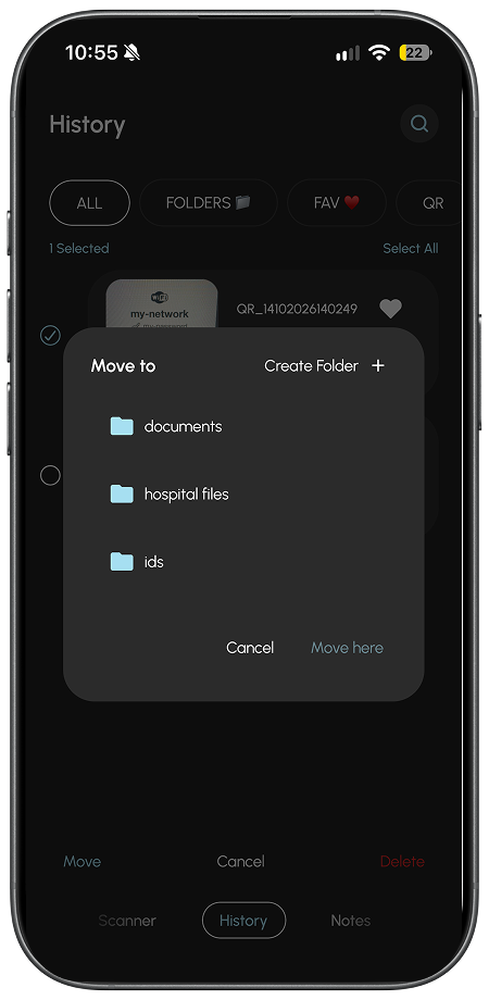 MeeScanner folders screen in the background